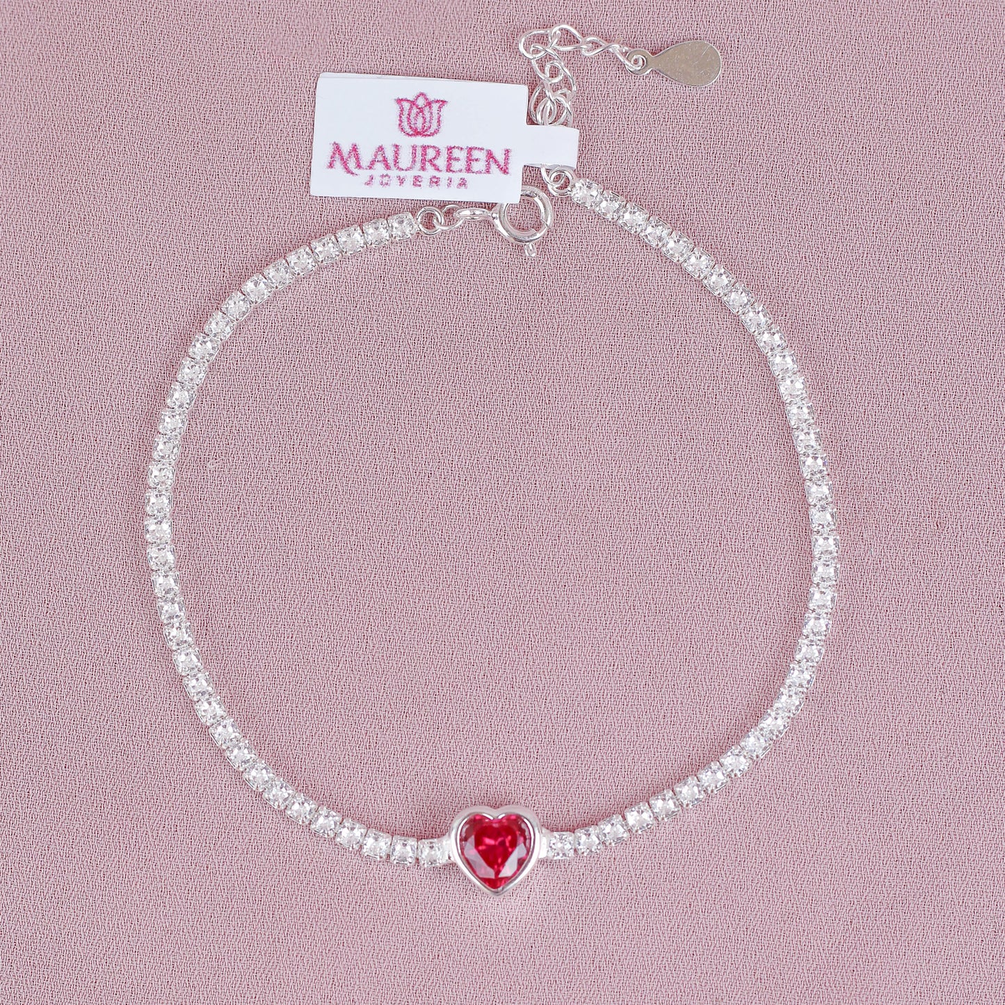 Pulsera Tennis con corazón rubi - Plata