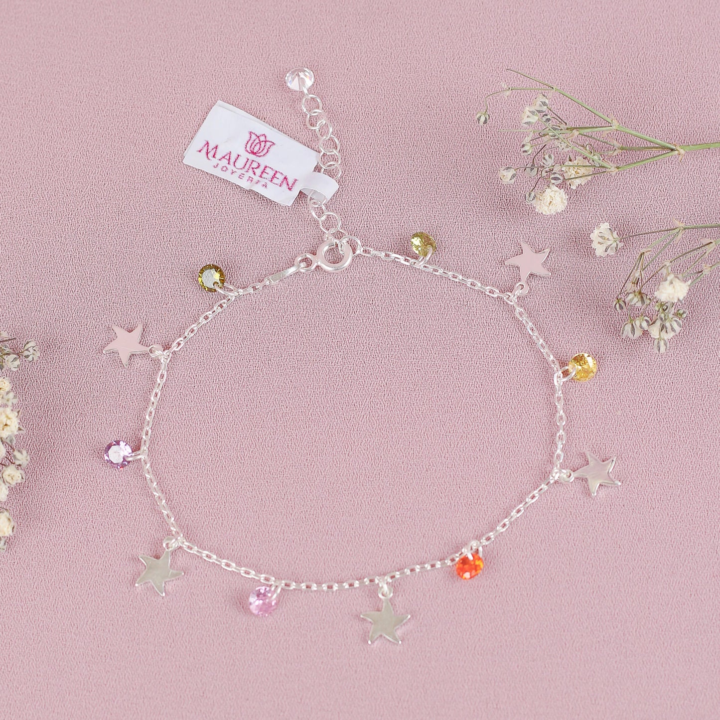 Pulsera dijes estrella y circones multicolor - Plata