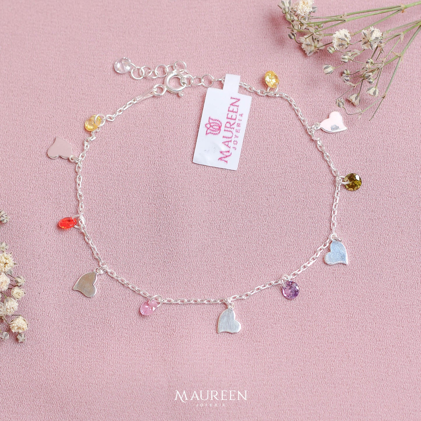 Pulsera dijes corazon y circones multicolor - Plata