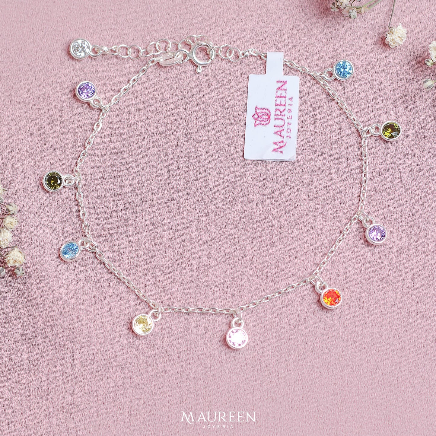 Pulsera dijes circones de colores - Plata