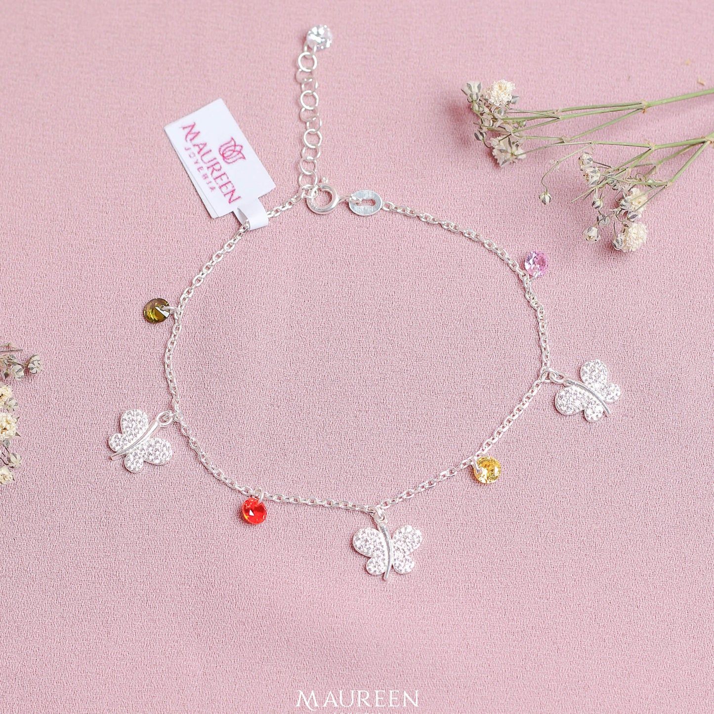 Pulsera dijes mariposa y circones multicolor - Plata