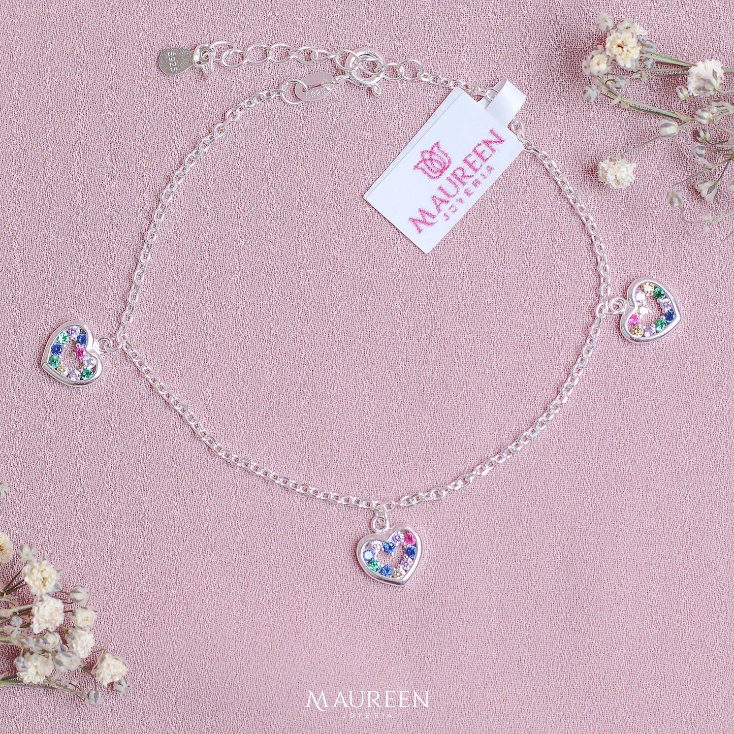 Pulsera dijes corazon con circones multicolor - Plata