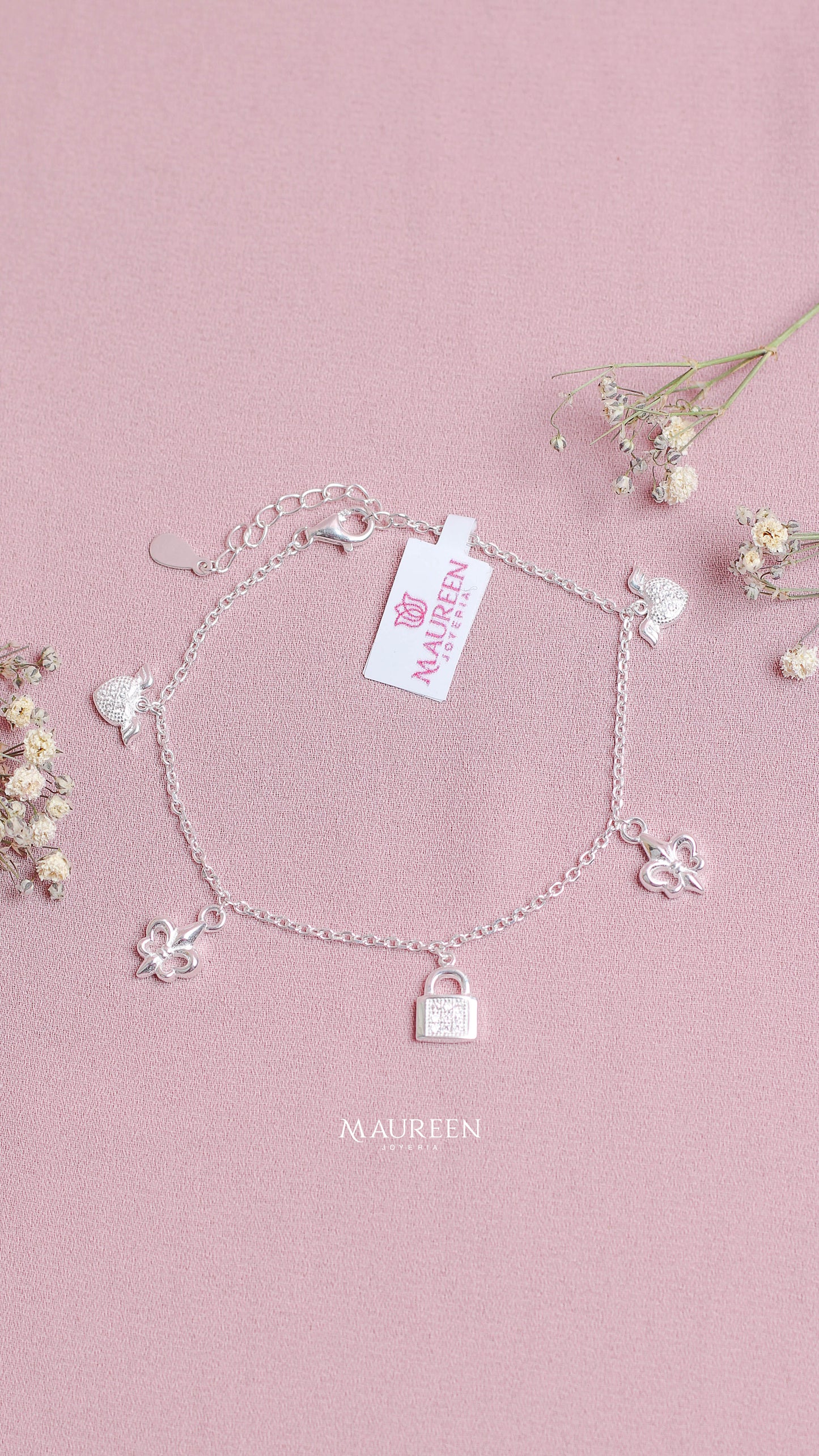 Pulsera dijes corazon, mariposa y candado - Plata