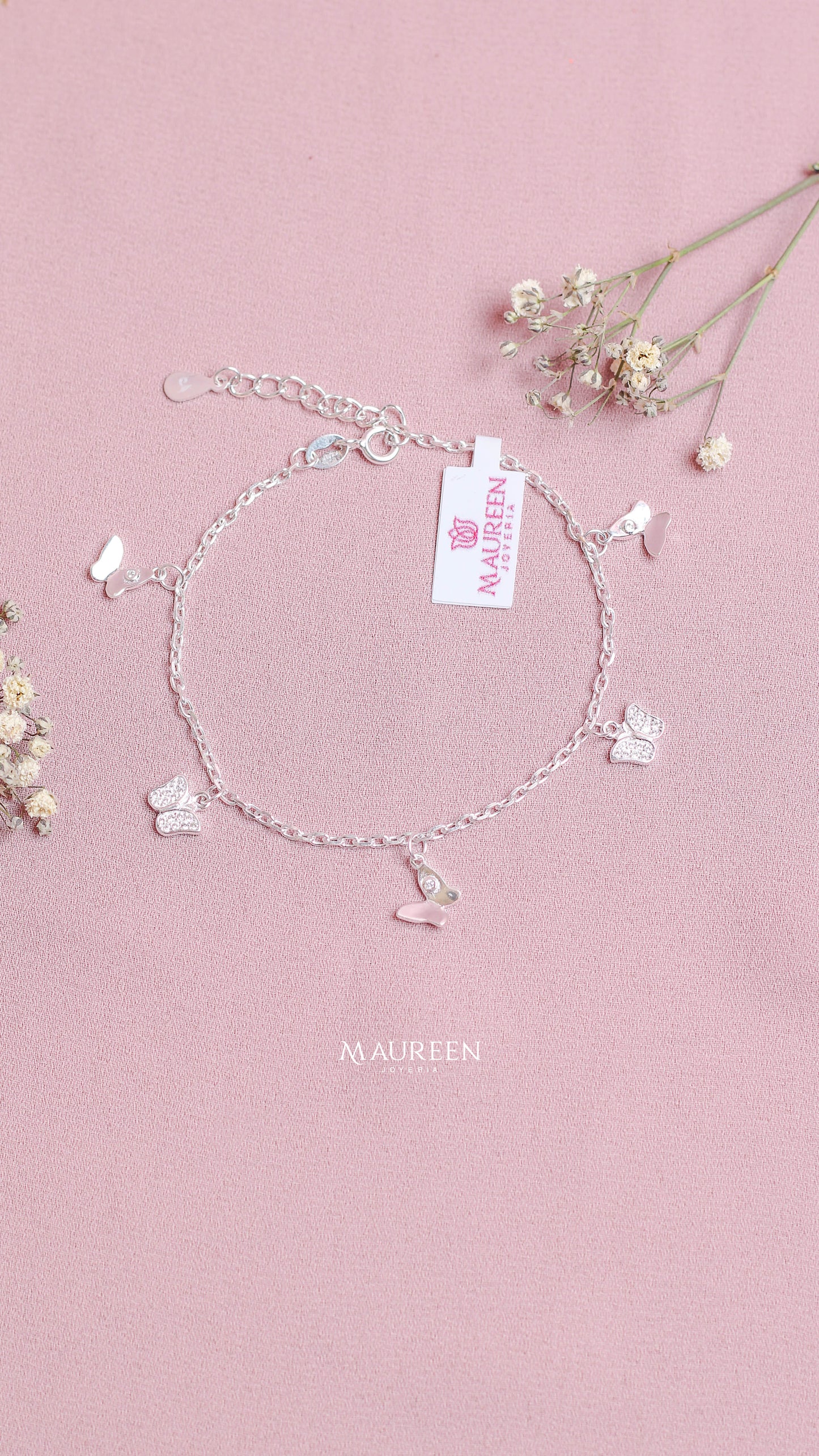 Pulsera dijes mariposas lisas y con circones - Plata