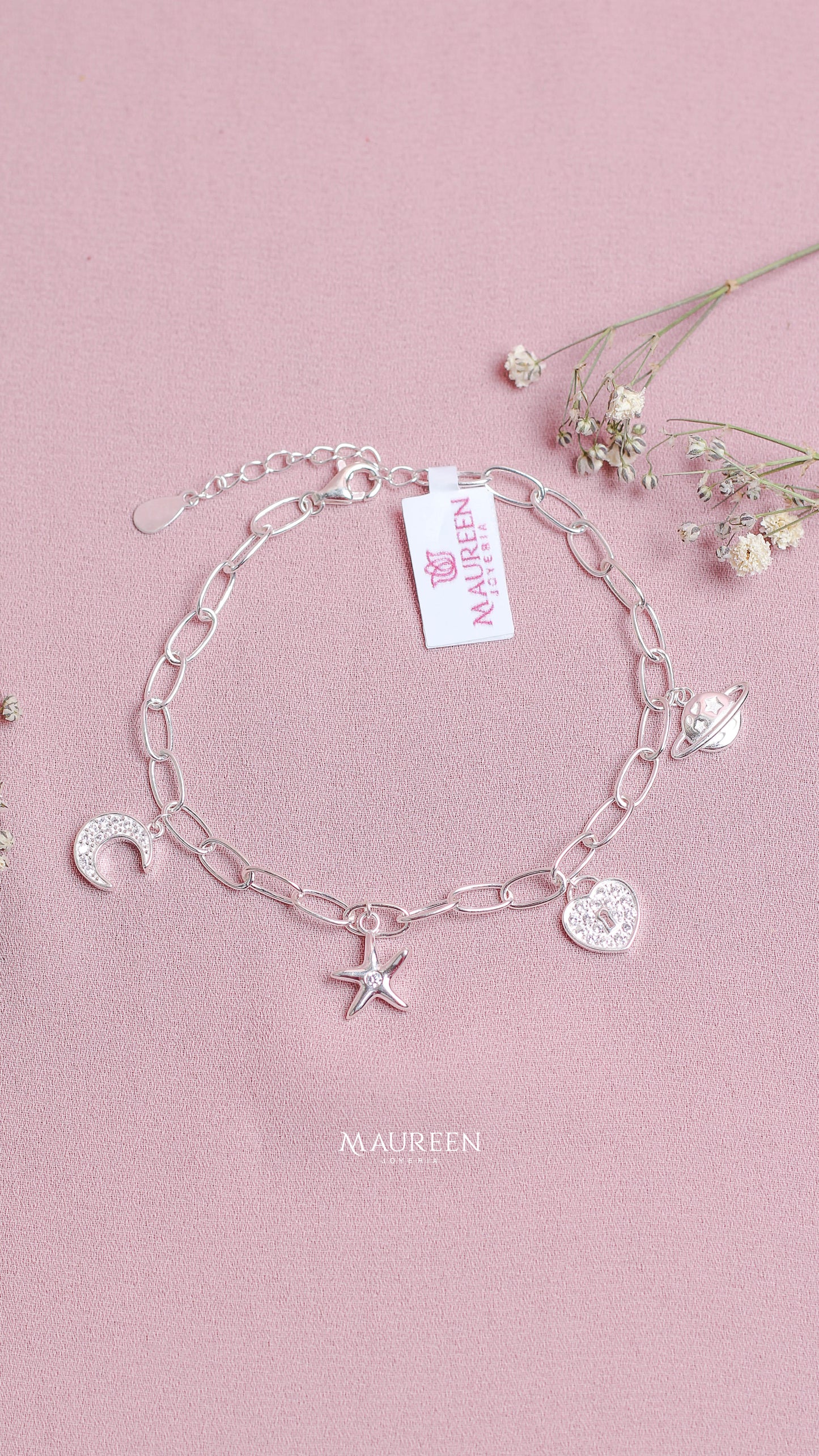 Pulsera dijes luna, estrella, corazon y planeta - Plata
