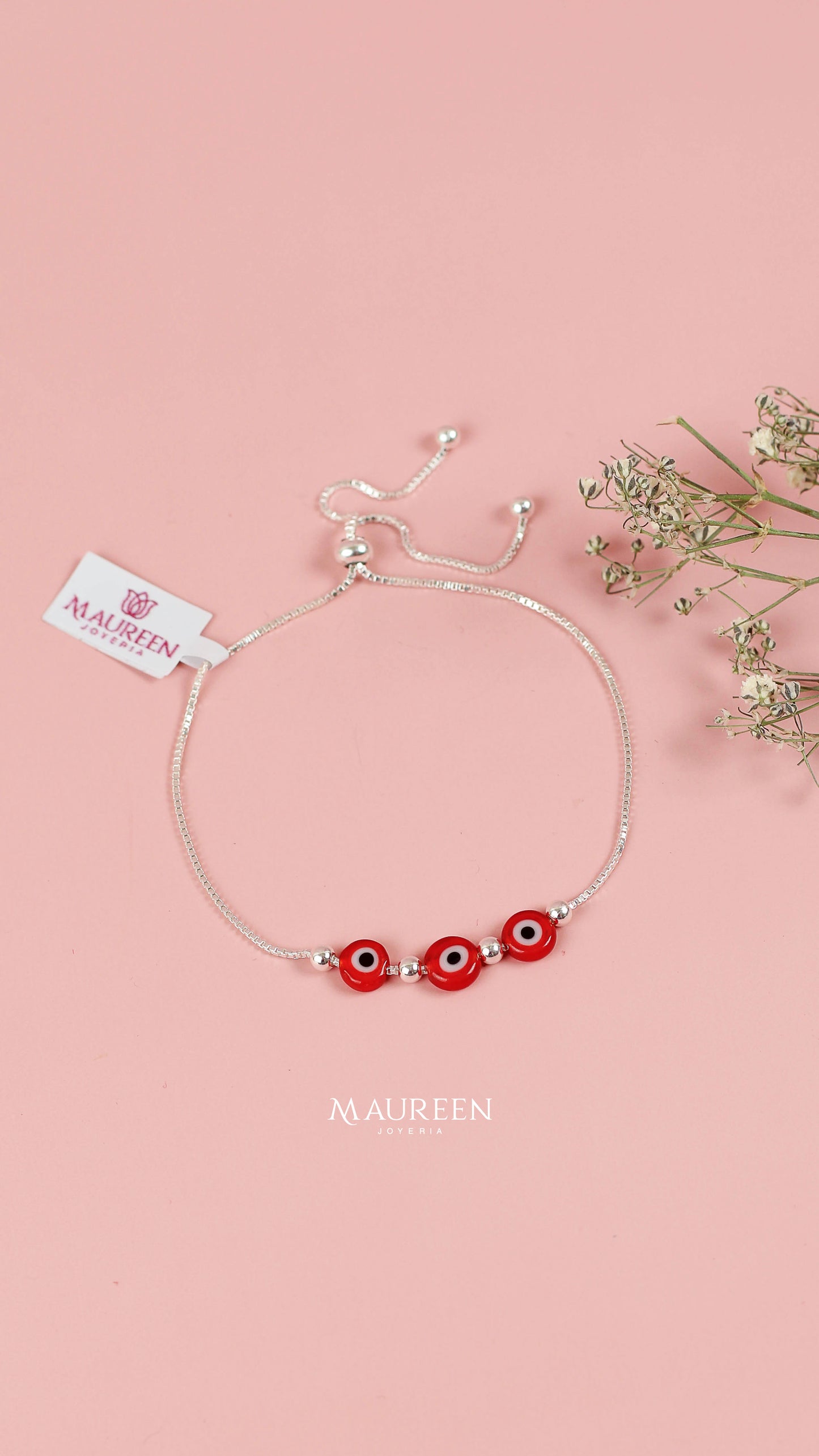 Pulsera ajustable ojos turcos rojos - Plata