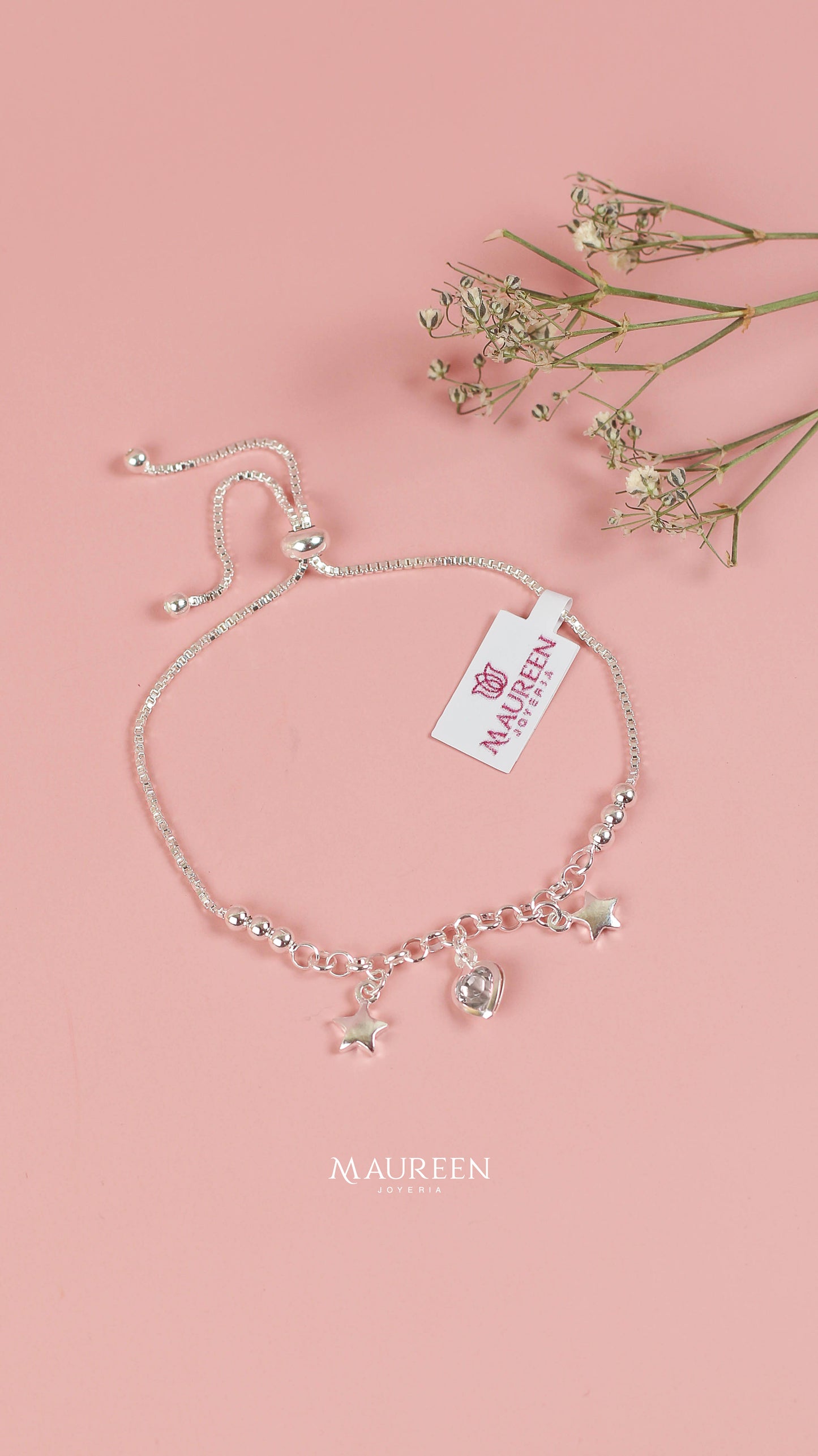 Pulsera ajustable dijes de estrella bombacha y corazon - Plata