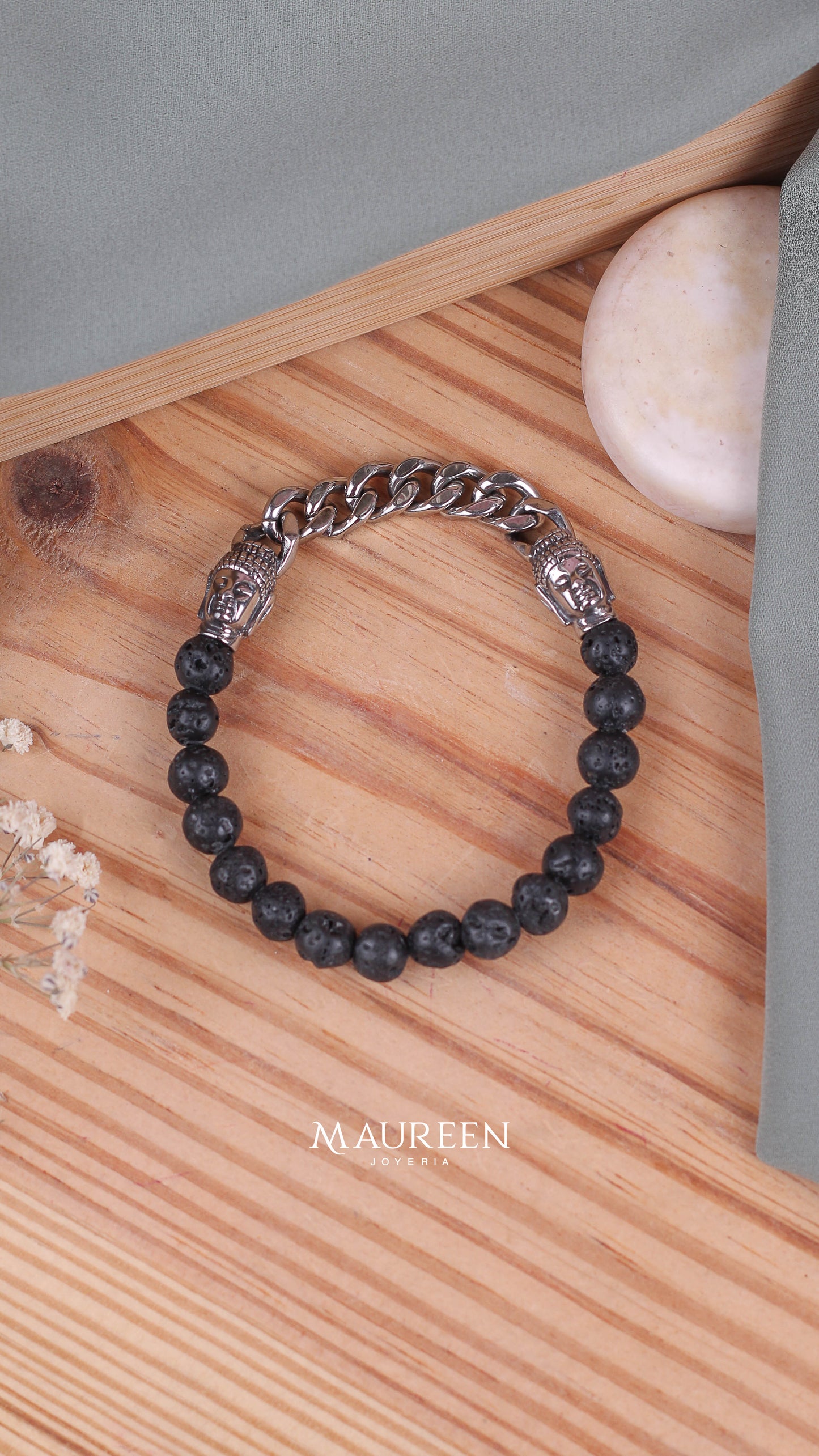 Pulsera buda piedra volcanica - Acero