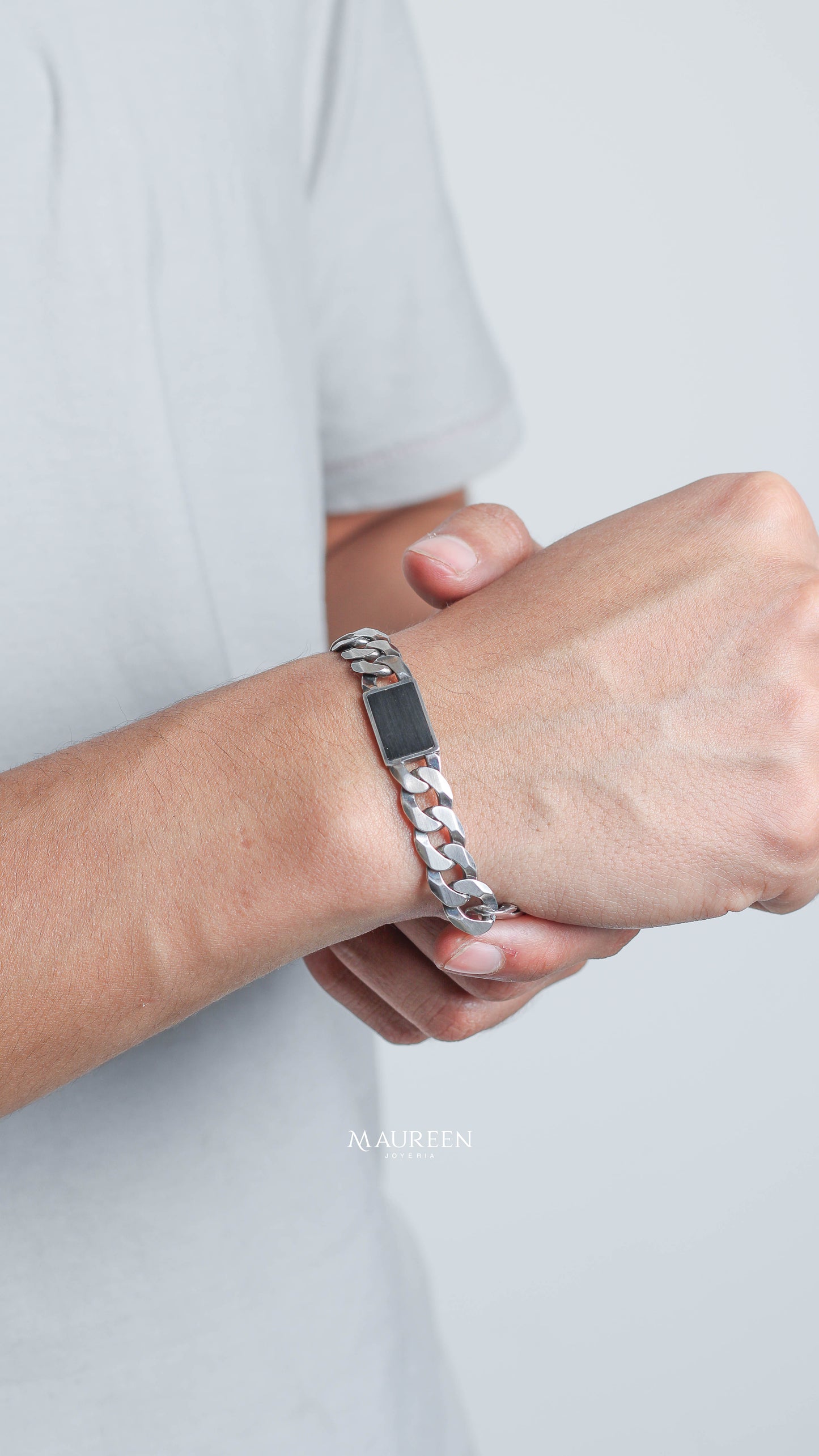 Pulsera hombre lomo con piedra onix - Plata quemada