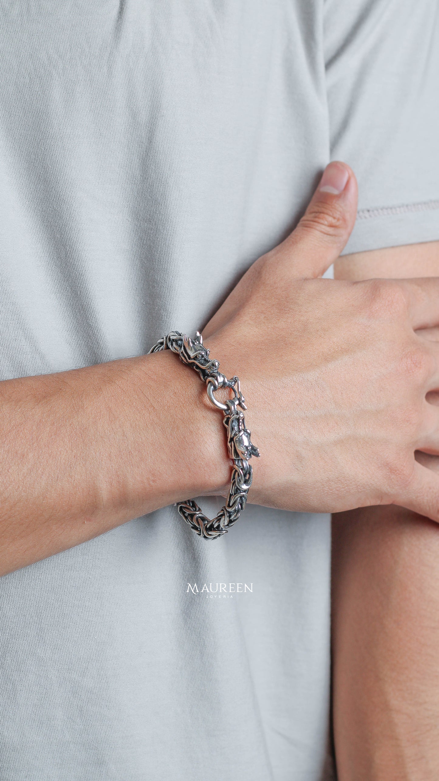 Pulsera hombre dragon trenzado - Plata quemada