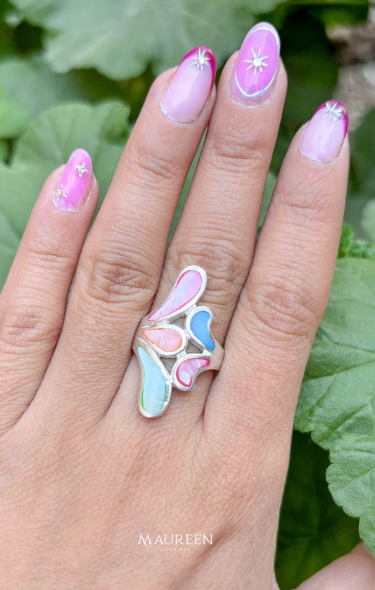 Anillo 5 hojas piedra natural nacar - Plata