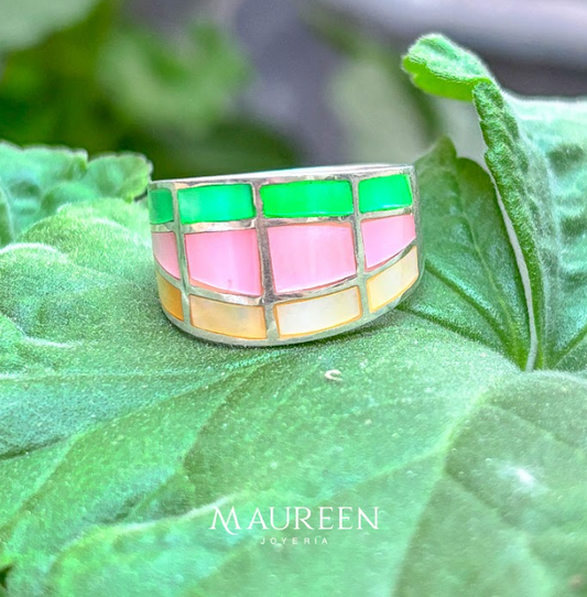 Anillo cuadrados piedra natural nacar - Plata