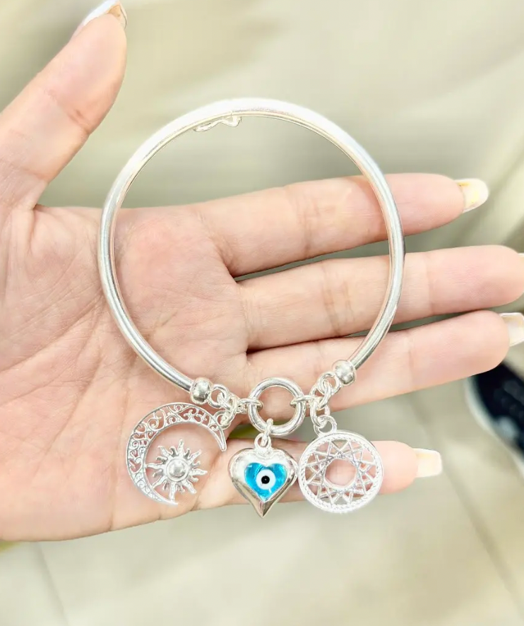 Puñera luna, corazon con ojo turco y circulo - Plata