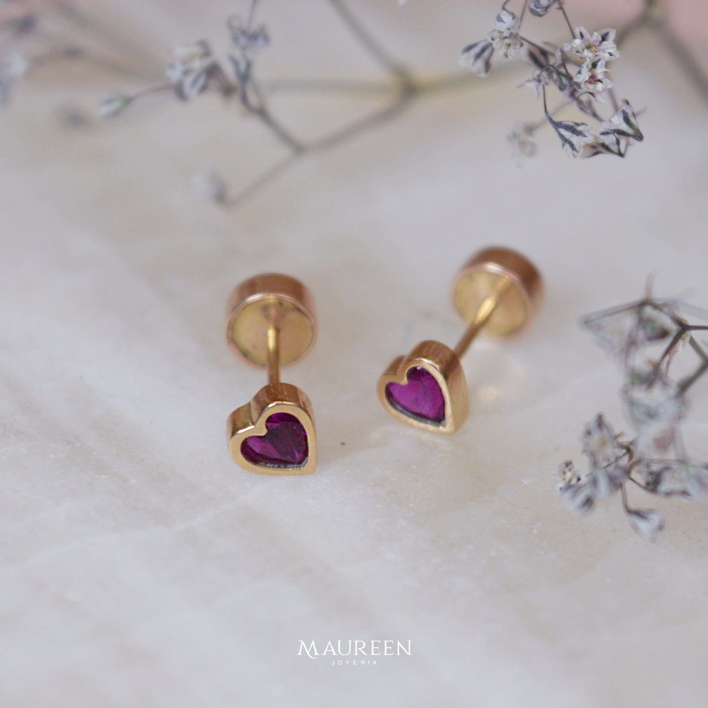 Arete abridor corazón piedra rubí - Oro