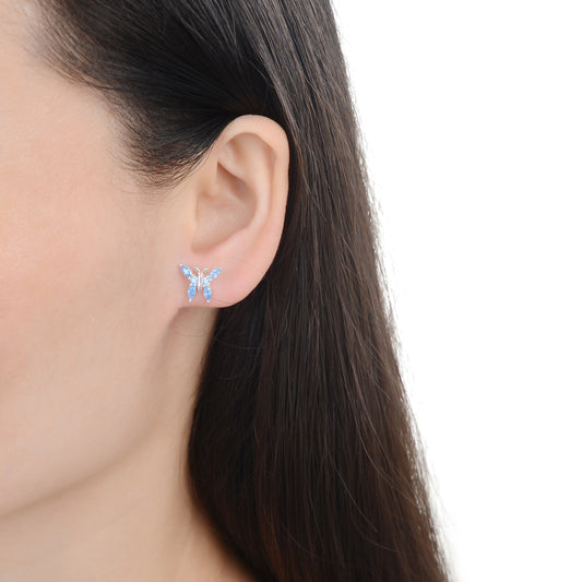 Arete mariposa cristal celeste pegado- Plata