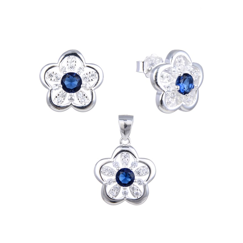 Juego flor con piedra zafiro con circones - Plata