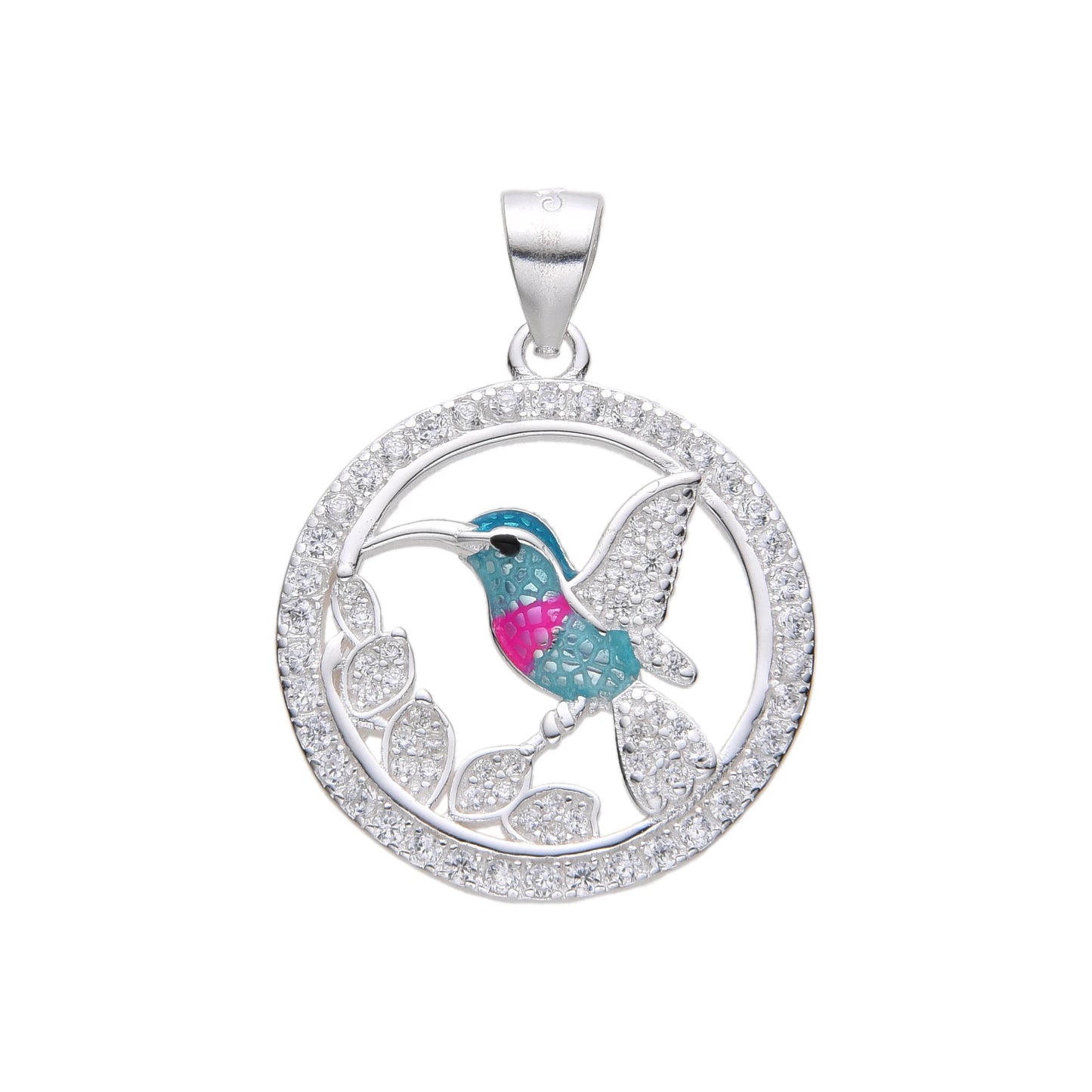 Dije de colibri turquesa con circones circular - Plata