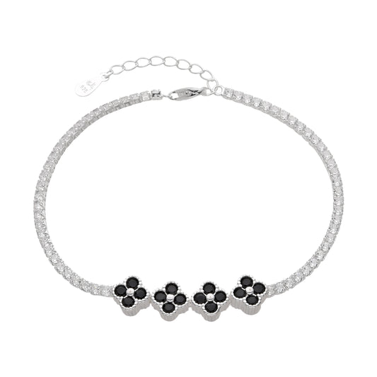 Pulsera tennis flores piedra onix - Plata