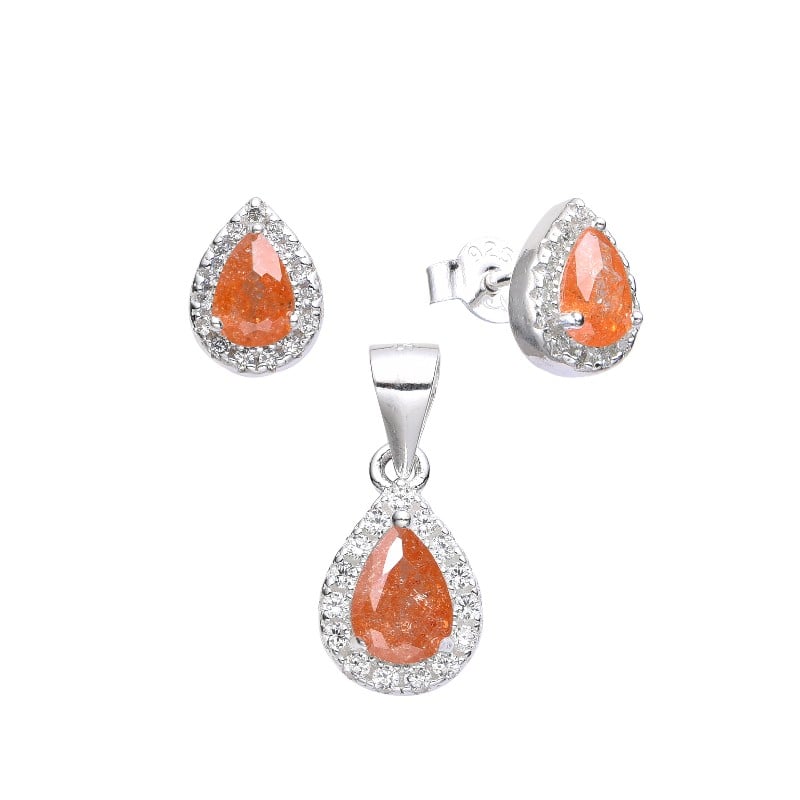 Juego gota piedra opalo anaranjada - Plata