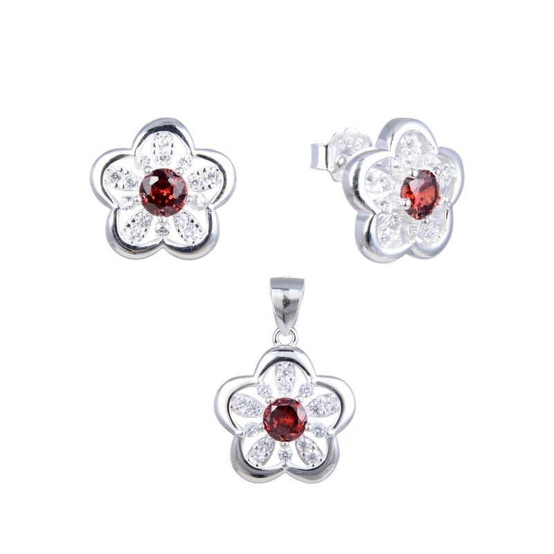 Juego flor piedra rubi con circones - Plata