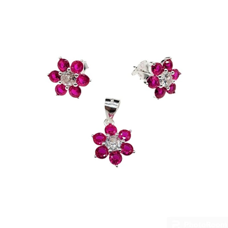 Juego flor rosada con circones - Plata