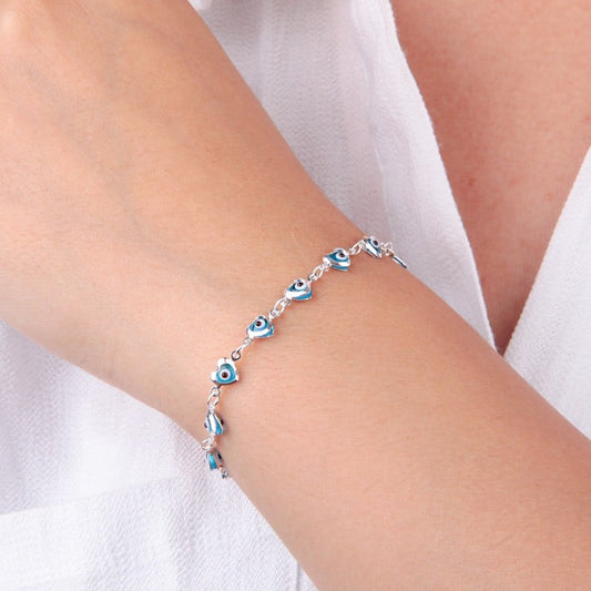 Pulsera ojo turco forma corazón celeste - Plata