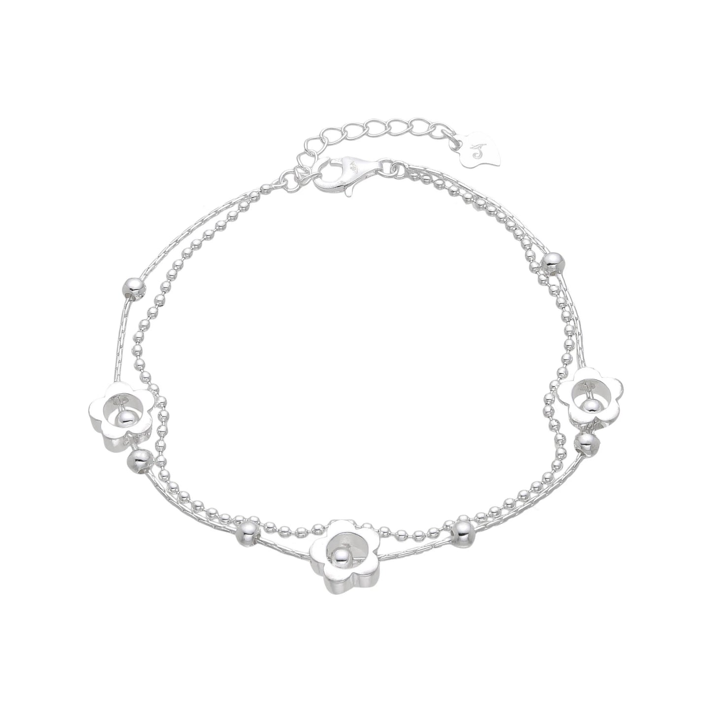 Pulsera doble flores y bolitas - Plata