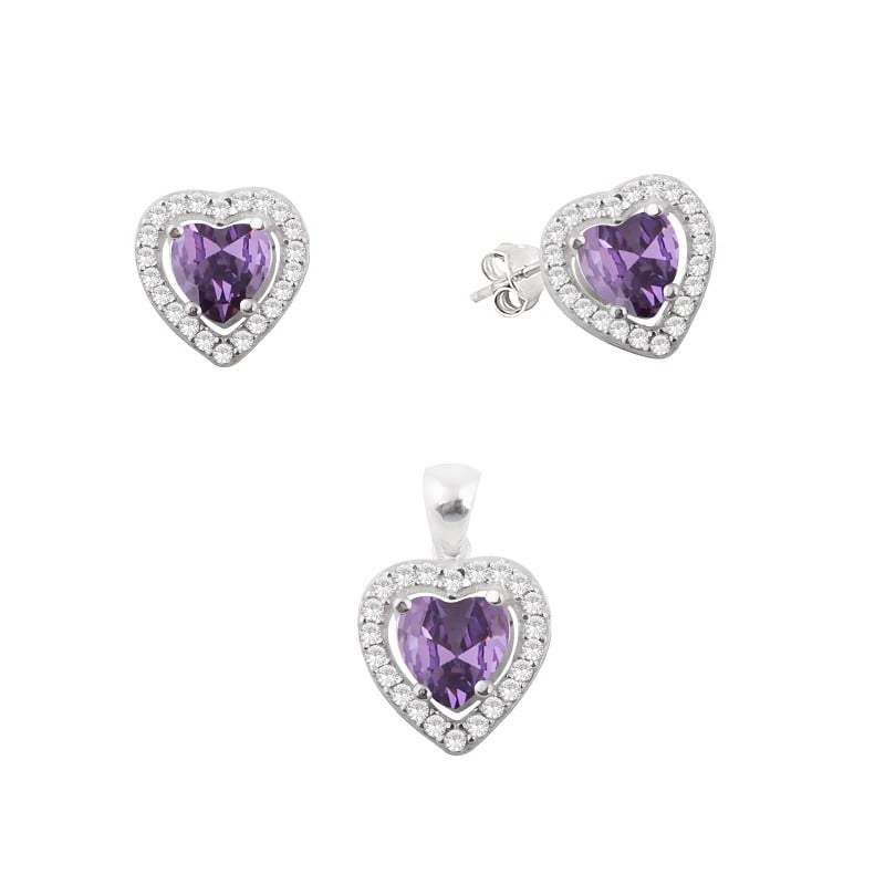 Juego corazon circon morado - Plata
