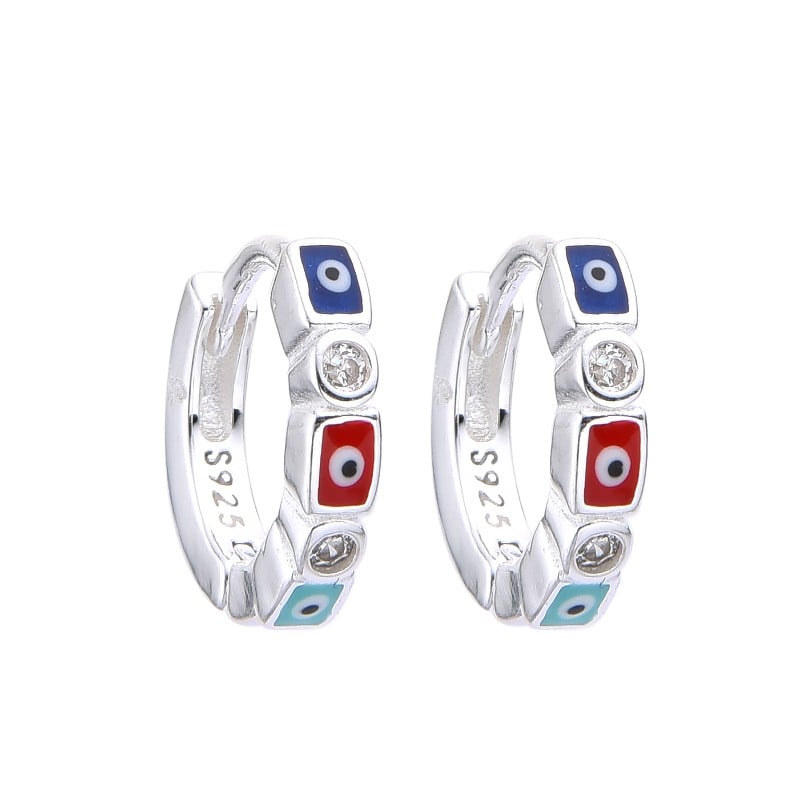 Argolla huggies ojo turco cuadrado de colores con circones - Plata