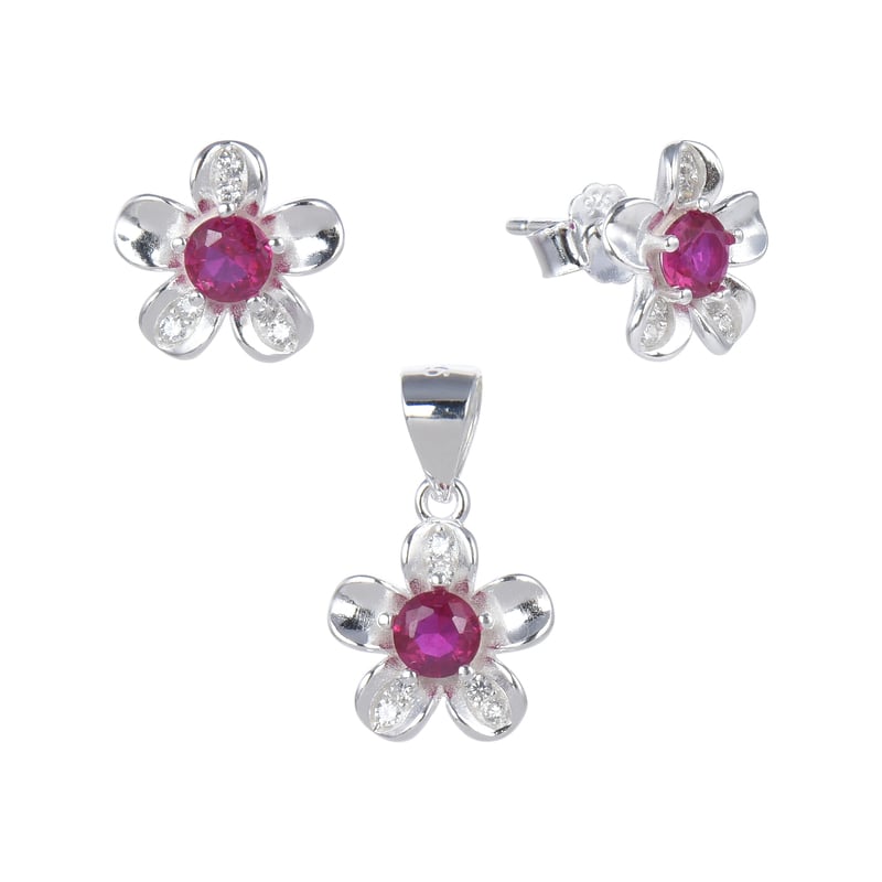 Juego flor piedra rubi - Plata