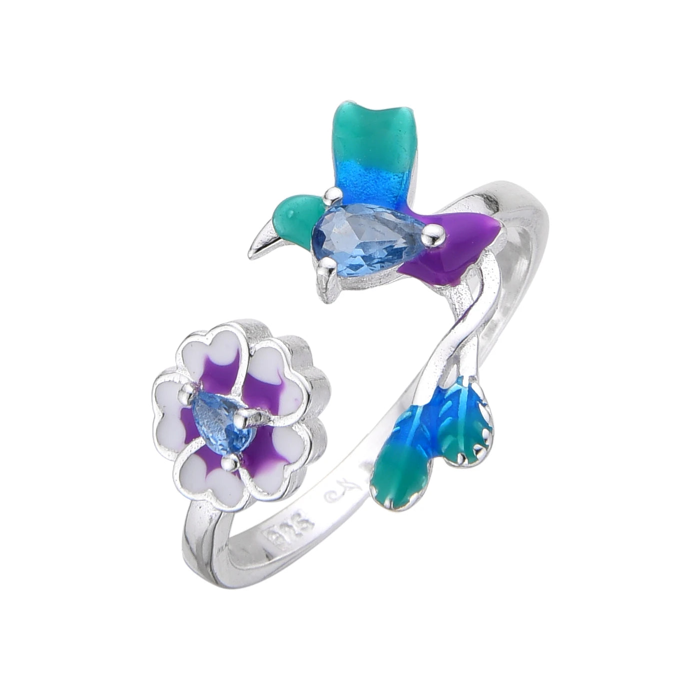Anillo colibri y flor ajustable - Plata