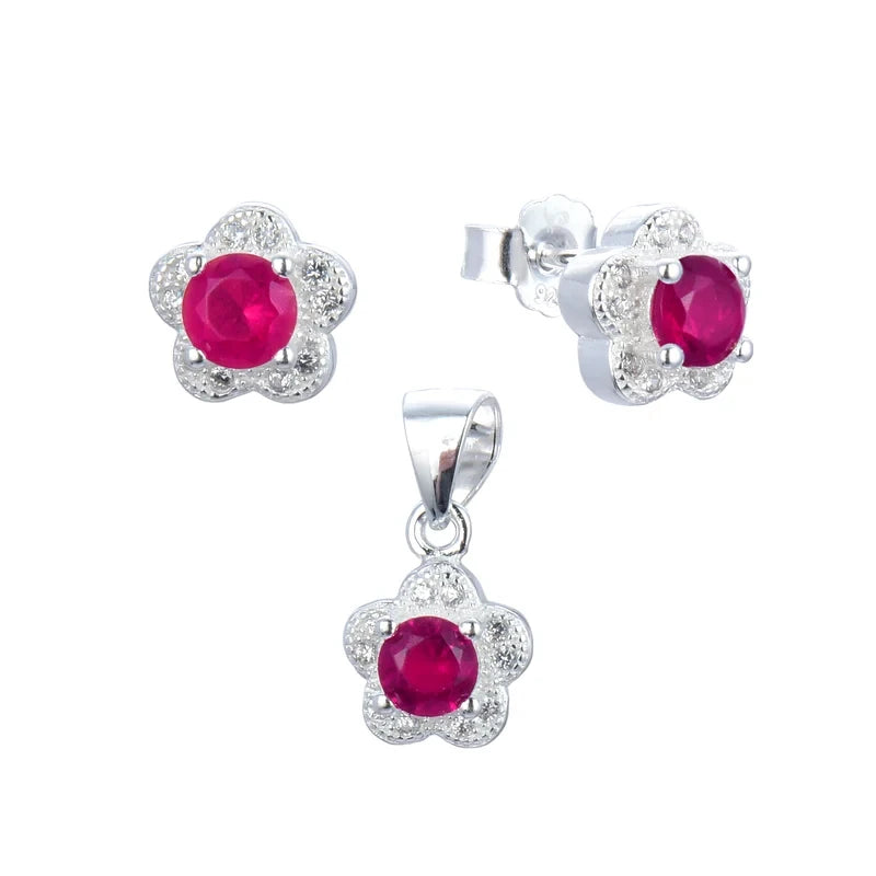 Juego flor piedra rosada con circones - Plata