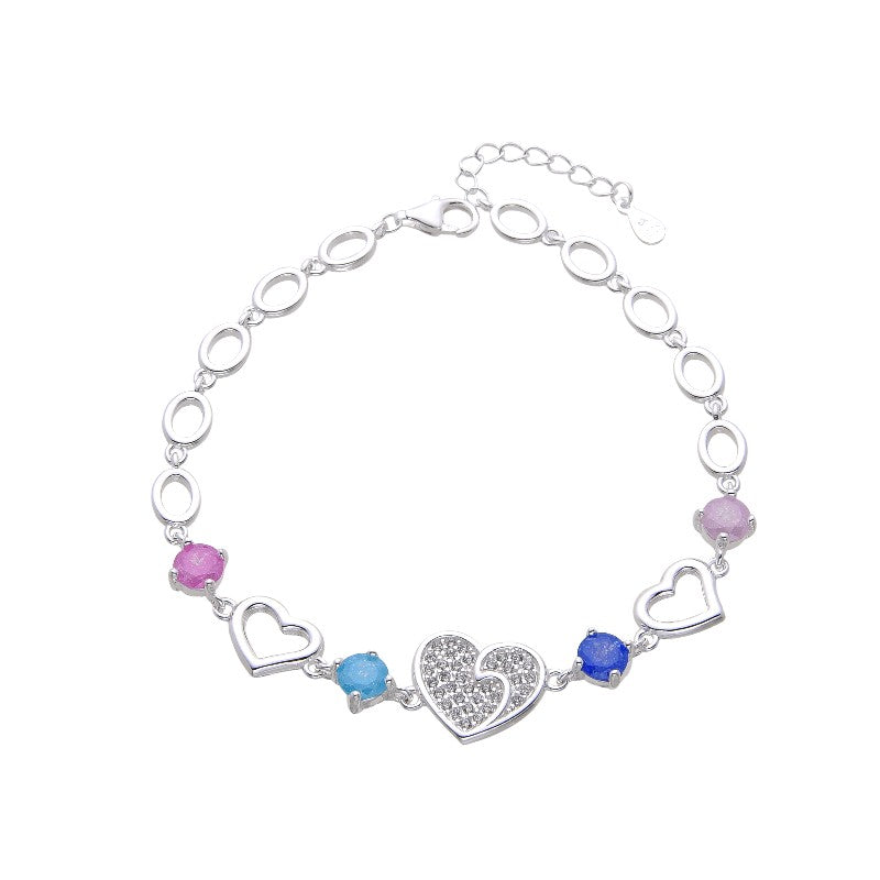 Pulsera corazon circones y calados con piedras colores -Plata