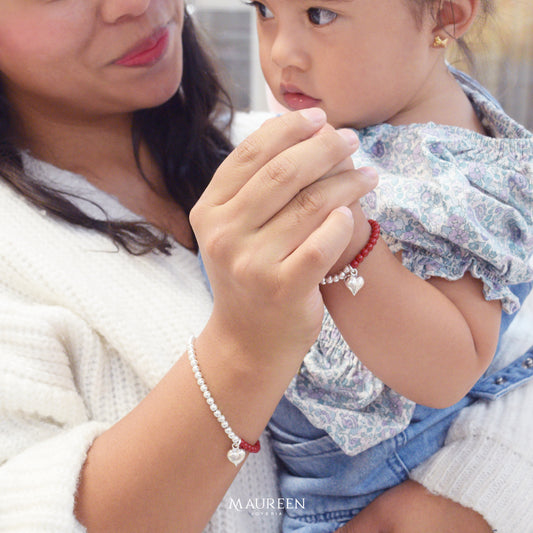 Pulsera mama e hija piedra natural con dije de corazón - Plata