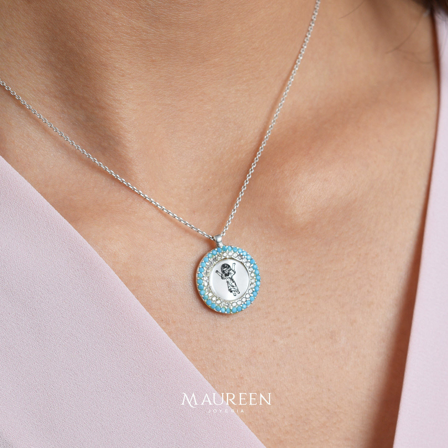 Collar Divino Niño  nácar con piedra turquesa - Plata