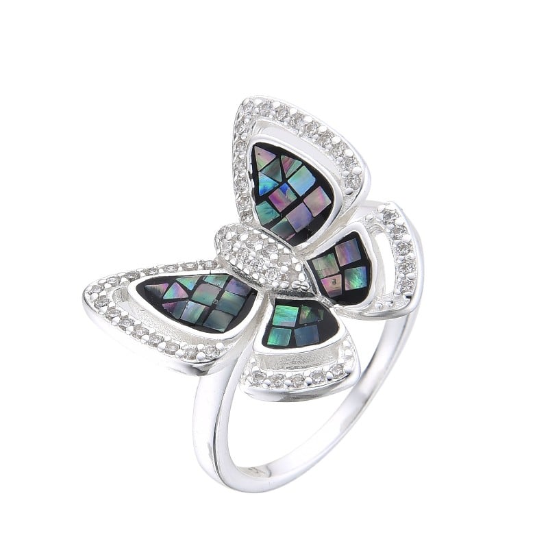 Anillo mariposa nácar colores y circones - Plata