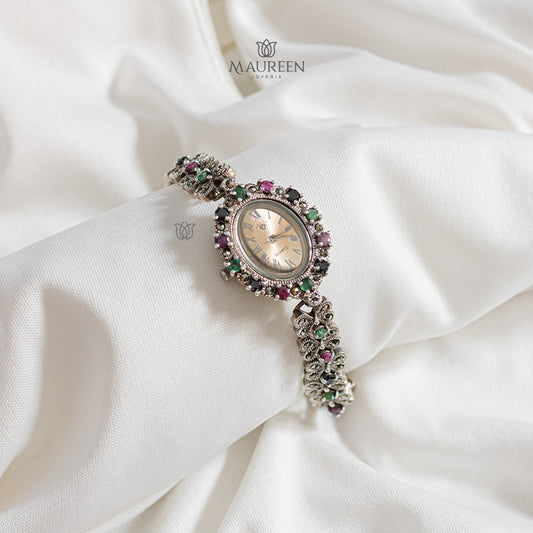 Reloj ovalado marquesita con circones- Plata