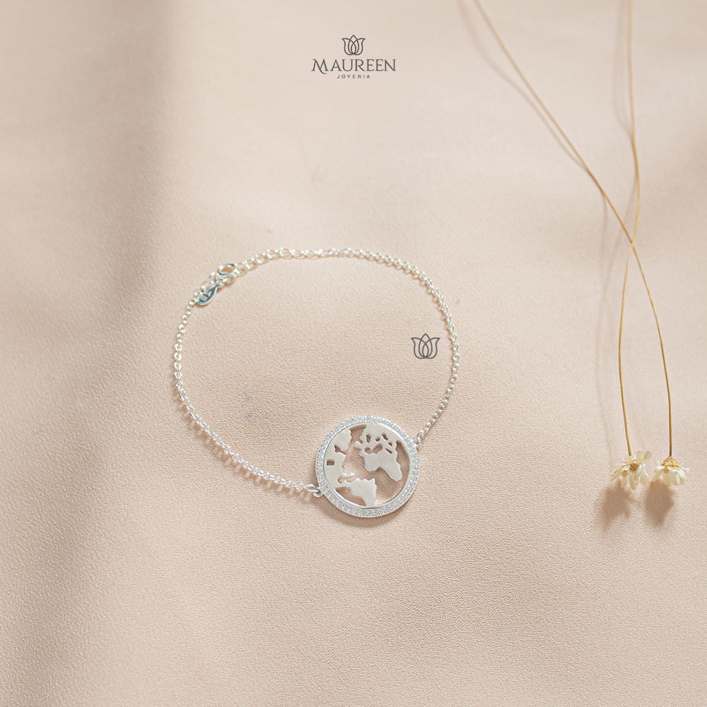 Pulsera mapa mundi contorno circones - Plata