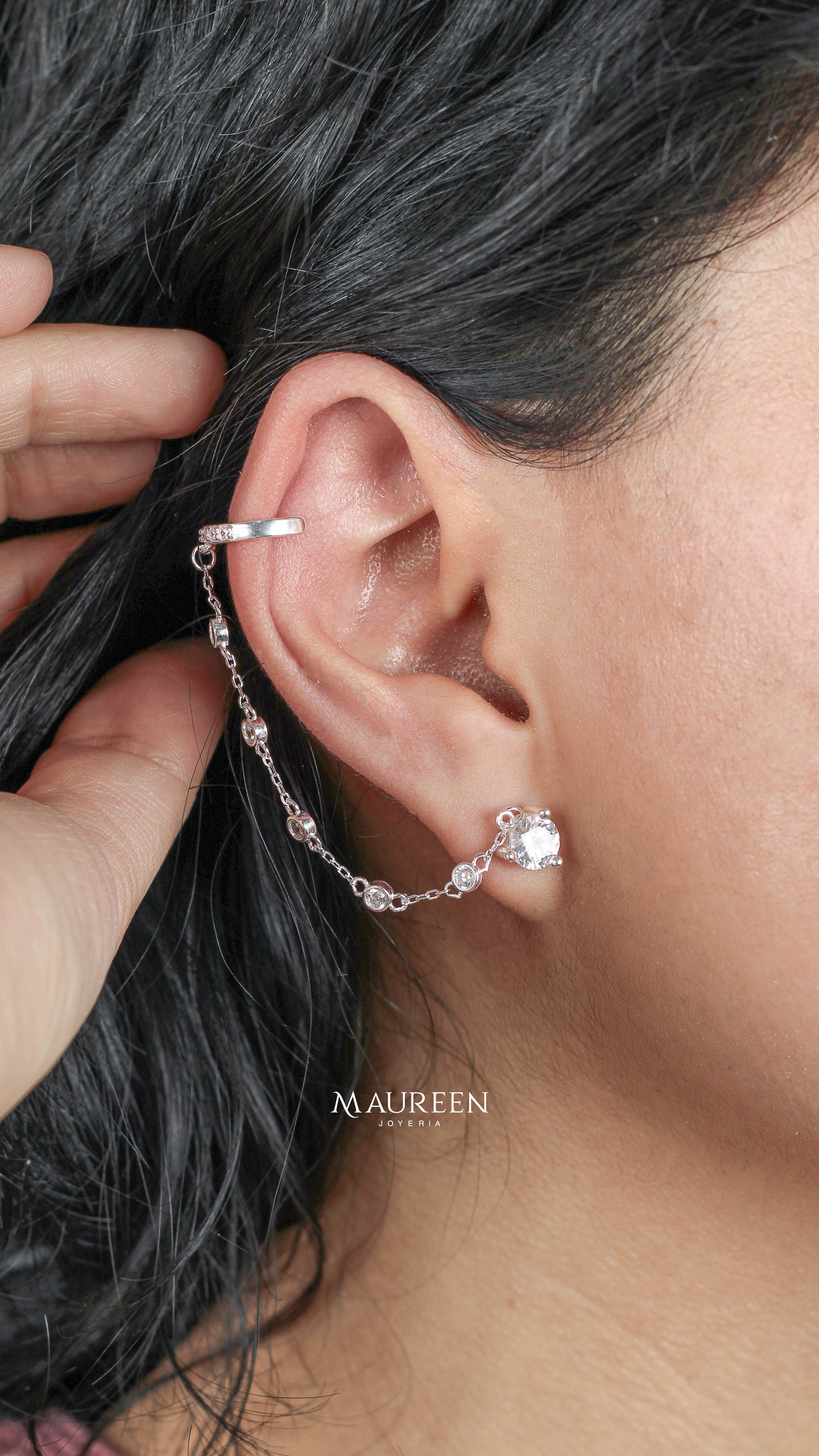 Argolla earcuff punto luz con cadena colgante  - Plata