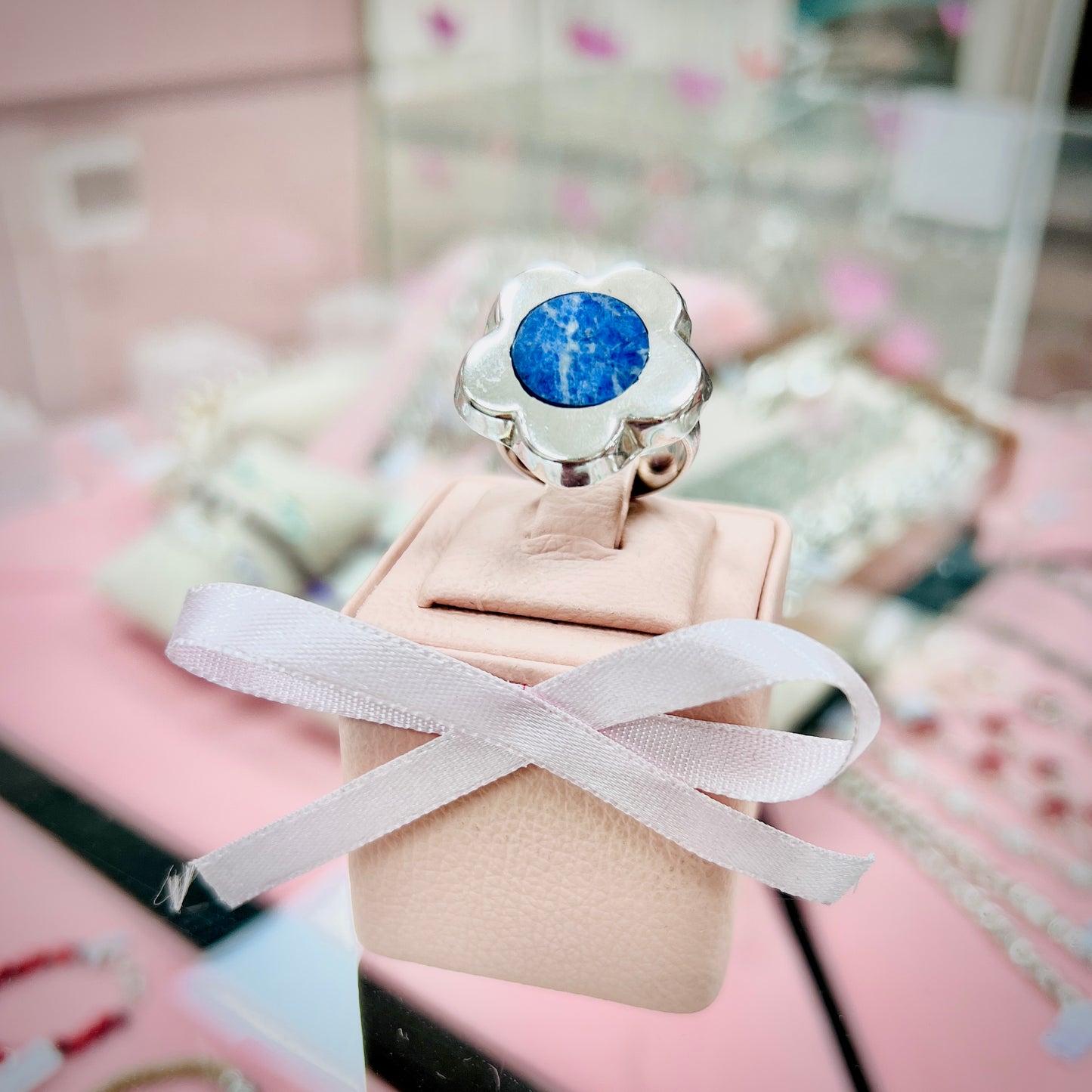 Anillo flor piedra lapislazuli - Plata