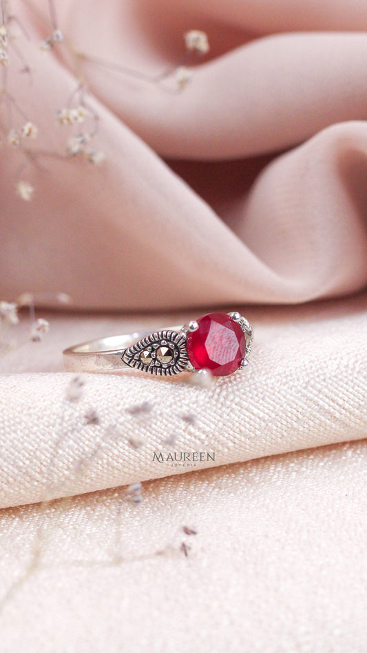 Anillo marquesita 2 gotas rubi - plata