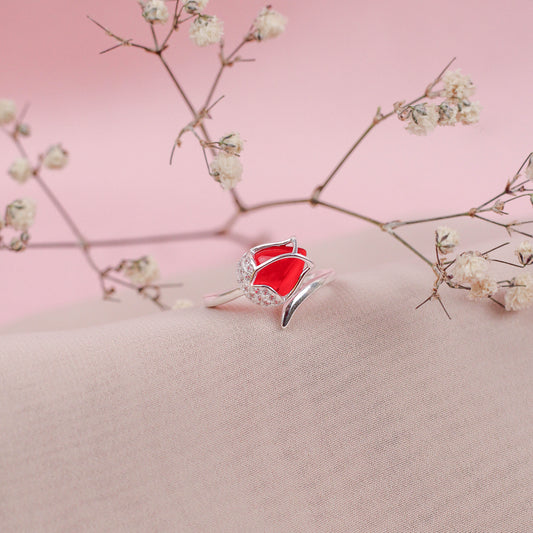 Anillo ajustable tulipan rojo  - plata