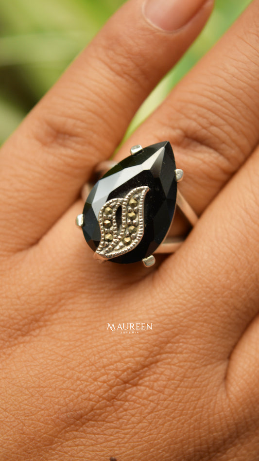 Anillo marquesita gota piedra onix  - Plata