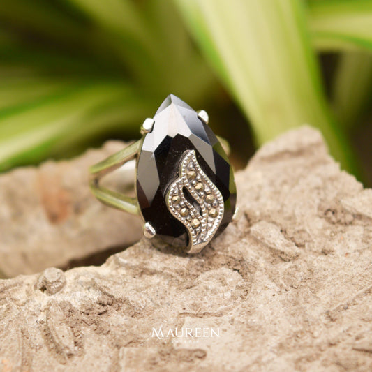 Anillo marquesita gota piedra onix  - Plata