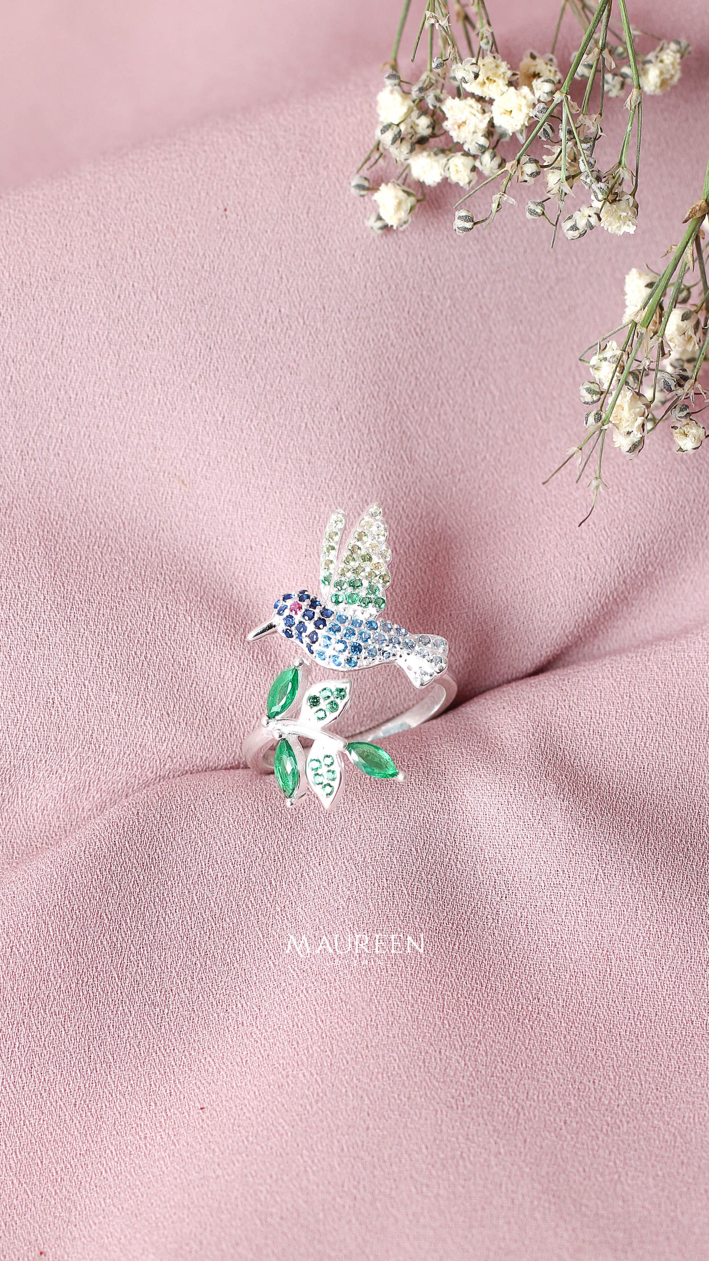 Anillo colibri  con circones multicolor - Plata