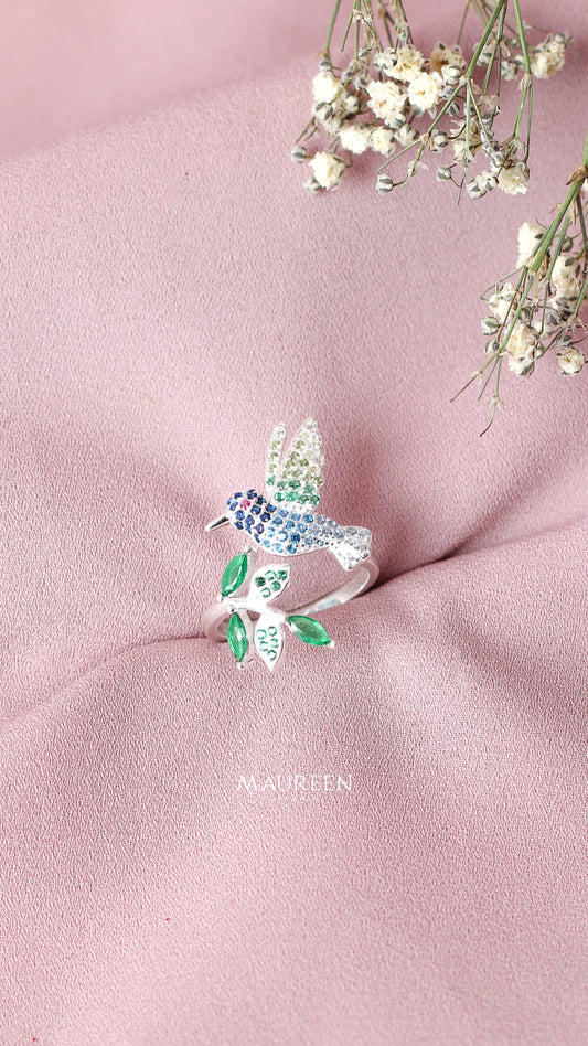 Anillo colibri  con circones multicolor - Plata