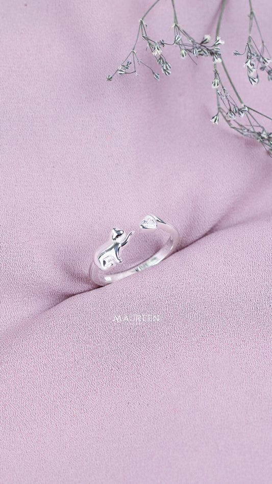 Anillo gato patita arriba y corazon punto luz ajustable - Plata