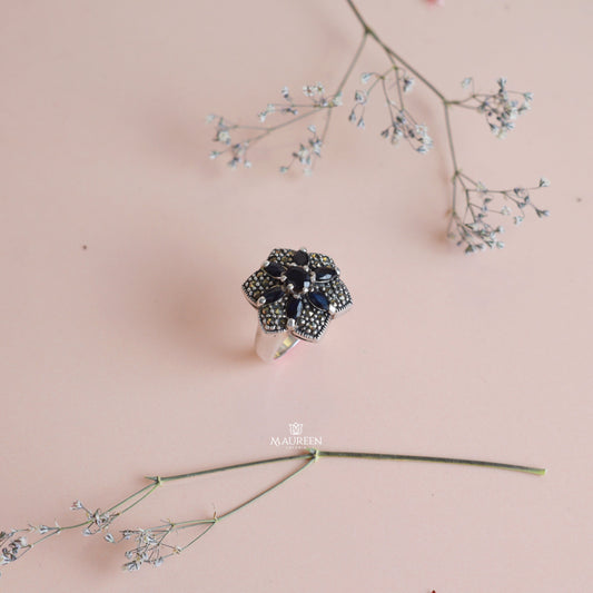 Anillo marquesita flor piedra ónix - Plata