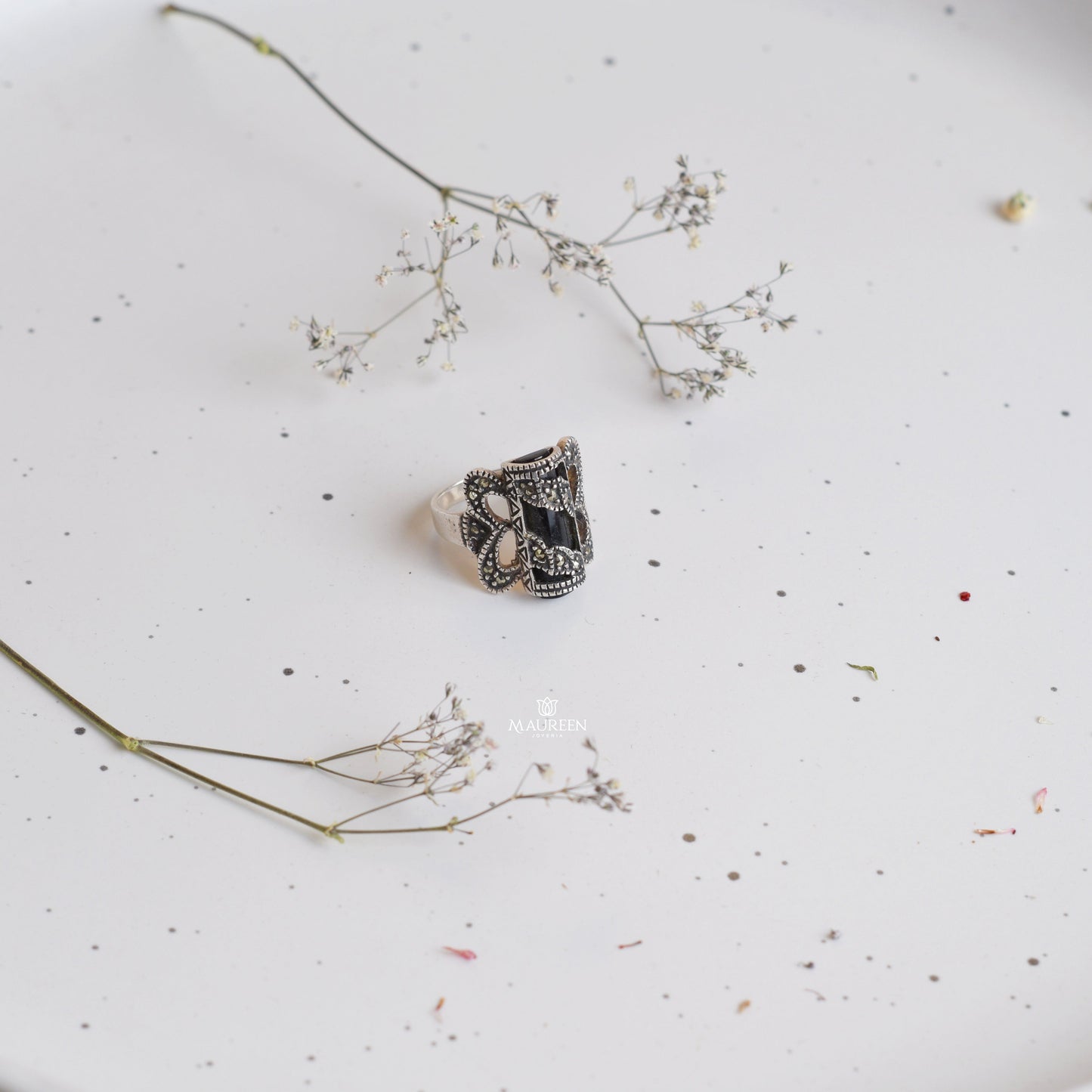Anillo marquesita mariposa piedra ónix - Plata