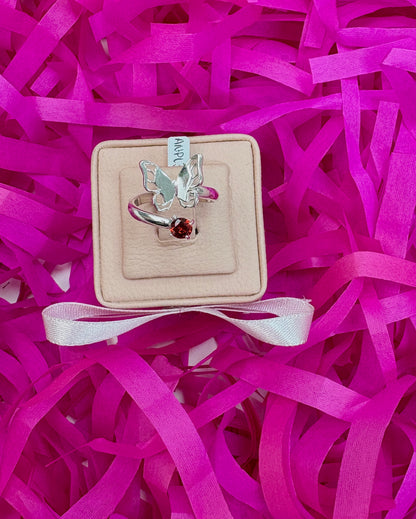 Anillo ajustable mariposa con circon (rojo,blanco) - plata